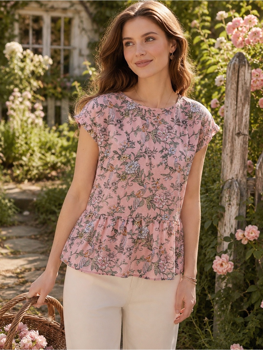 LOFT Pink Bird & Floral Peplum Blouse XL Lined Cap Sleeve Boho Romantic Top